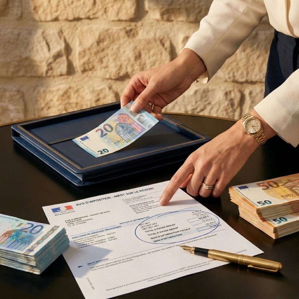 Document d'optimisation fiscale posé sur une table avec des billets de banque