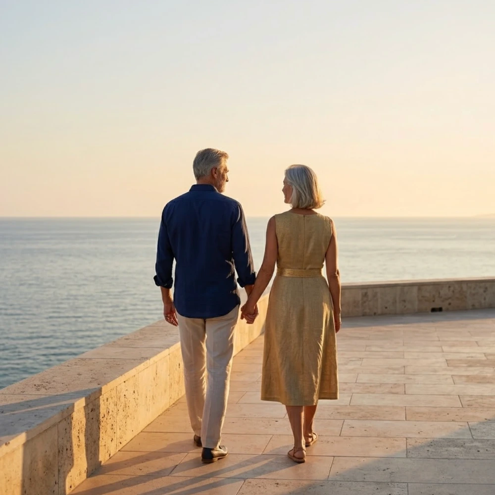 Couple de retraités se promenant ensemble, illustrant la sérénité financière apportée par un complément de retraite bien préparé.