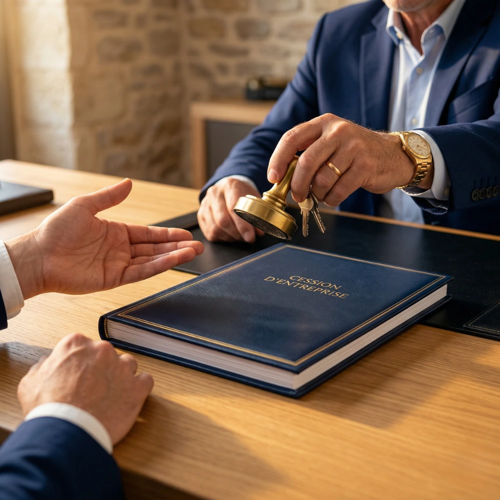 Dirigeant et conseiller en gestion de patrimoine signant un acte transmettre entreprise chez un notaire.